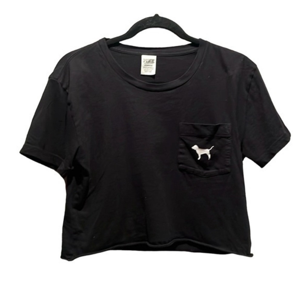 Victoria’s Secret PINK Dog Logo Crop Top Black Pastel Preppy Floral Tee Sz Small